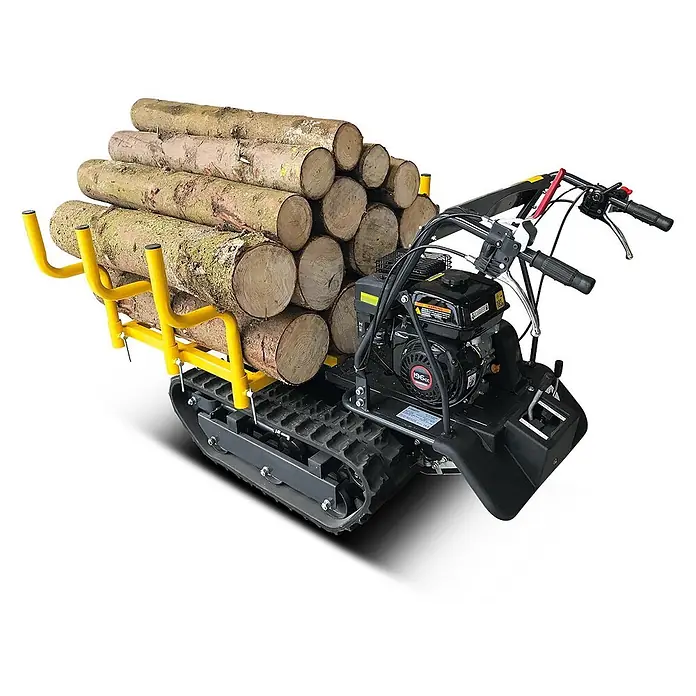 Bamato Kettendumper MTR-300H - Motorbetrieben, Fassungsvermögen: 100 l, Traglast: 300 kg - Schwarzer Ketten-Minidumper mit gelbem Holzträgeraufsatz, beladen mit geschnittenen Holzscheiten.