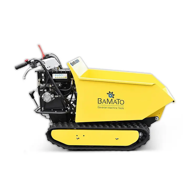 Bamato Kettendumper MTR-500H mit Kippdydraulik - Motorbetrieben, Fassungsvermögen: 215 l, Traglast: 500 kg - Gelber Raupendumper mit großer Mulde.