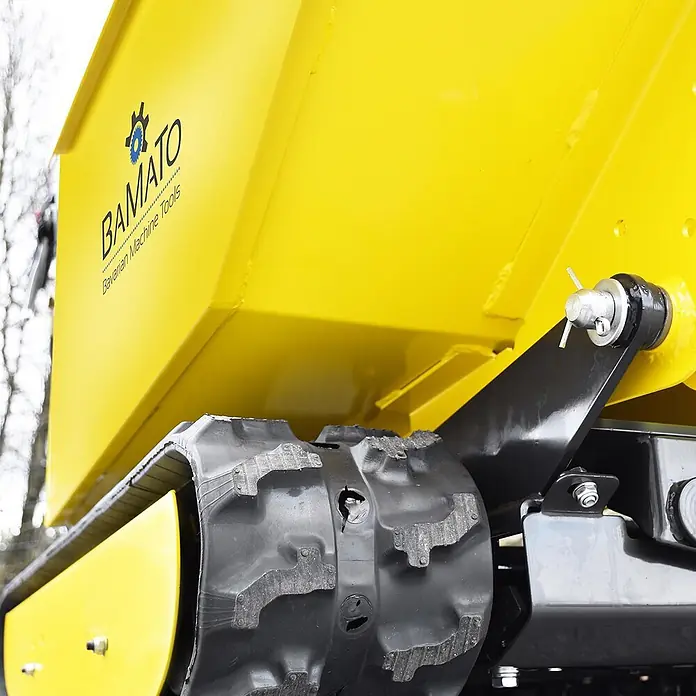 Bamato Kettendumper MTR-500H mit Kippdydraulik - Motorbetrieben, Fassungsvermögen: 215 l, Traglast: 500 kg - Gelber BAMATO Raupendumper mit Logo und robusten Gummiketten.