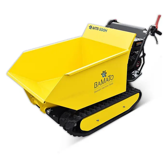 Bamato Kettendumper MTR-500H mit Kippdydraulik - Motorbetrieben, Fassungsvermögen: 215 l, Traglast: 500 kg - Gelber raupengetriebener Minidumper mit schwarzen Ketten und großer Mulde für den Materialtransport.