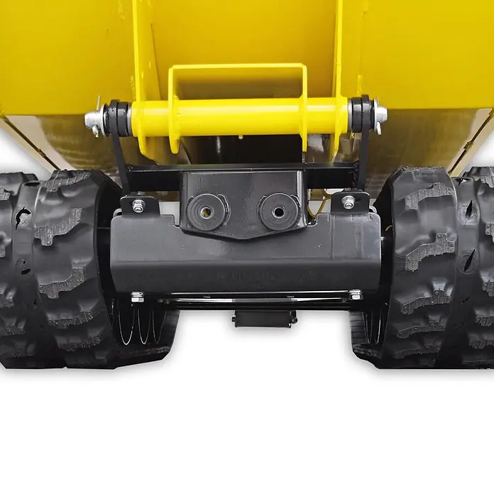 Bamato Kettendumper MTR-500H mit Kippdydraulik - Motorbetrieben, Fassungsvermögen: 215 l, Traglast: 500 kg - Gelber Muldenkipperaufbau auf schwarzem Fahrgestell mit Gummiketten und gelber Verbindungsstange.