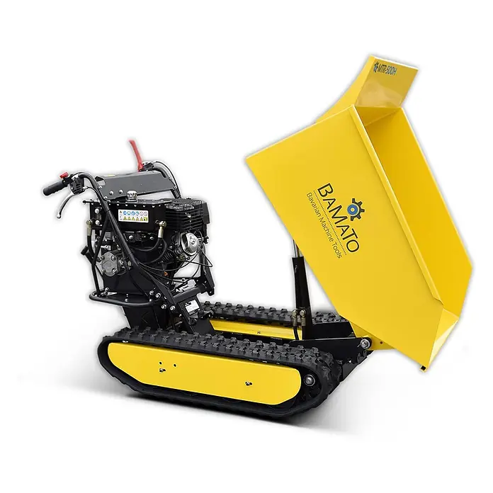 Bamato Kettendumper MTR-500H mit Kippdydraulik - Motorbetrieben, Fassungsvermögen: 215 l, Traglast: 500 kg - Gelber und schwarzer Raupendumper mit Kippmulde für Materialtransport.