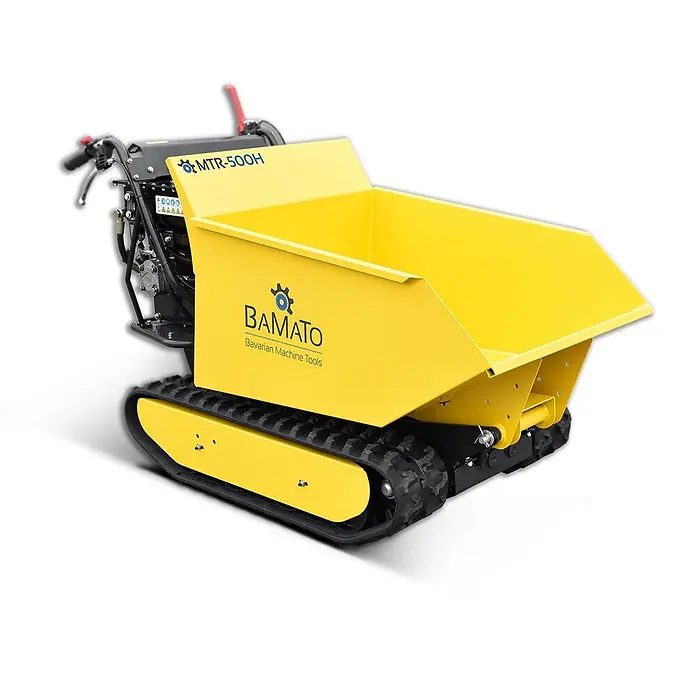 Bamato Kettendumper MTR-500H mit Kippdydraulik - Motorbetrieben, Fassungsvermögen: 215 l, Traglast: 500 kg - Gelber BAMATO MTR-500H Raupen-Minidumper mit schwarzen Ketten und großer Mulde zum Materialtransport.