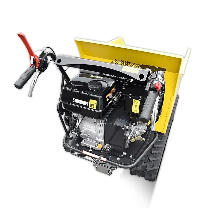 Bamato Kettendumper MTR-500H mit Kippdydraulik - Motorbetrieben, Fassungsvermögen: 215 l, Traglast: 500 kg - Gelber Kettenminidumper mit schwarzem Motor und Bedienelementen, von oben gesehen. Ideal für Materialtransport.