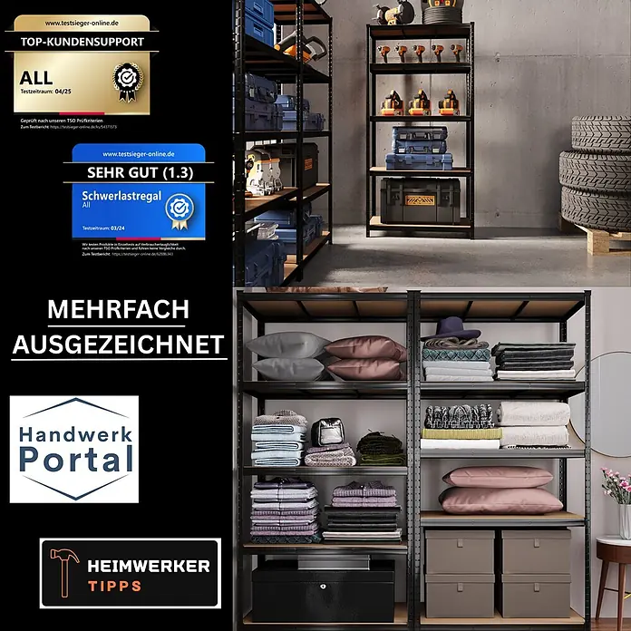 Allshelf Schwerlastregal - H x B x T: 180 x 90 x 40 cm, Traglast pro Boden: 250 kg, Anzahl Böden: 5 Stk., Stecken, Schwarz - Schwarze Schwerlastregale mit Holzablagen, die Werkzeuge in einer Garage und Kleidung in einem Schlafzimmer organisieren, vielseitige Aufbewahrungslösungen zeigend.