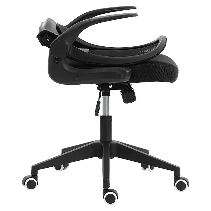 Silla de oficina Vega - Negro, Reposabrazos - Silla de oficina ergonómica negra con respaldo de malla, asiento de tela, altura ajustable, reposabrazos y base de cinco ruedas.