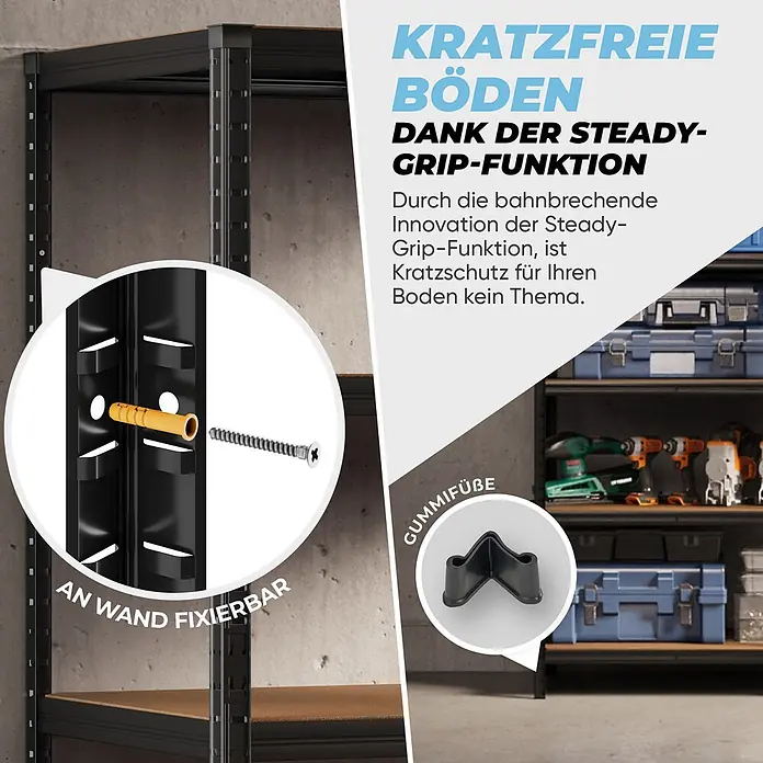 Allshelf Schwerlastregal - H x B x T: 180 x 90 x 40 cm, Traglast pro Boden: 250 kg, Anzahl Böden: 5 Stk., Stecken, Schwarz - Schwarzes Metallregal mit Wandfixierung und Gummifüßen für kratzfreie Böden.