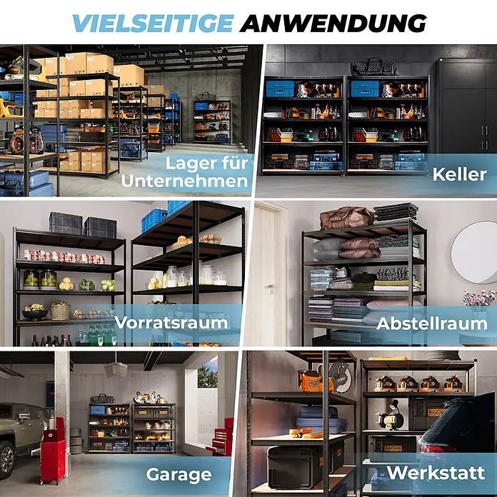 Allshelf Schwerlastregal - H x B x T: 180 x 150 x 40 cm, Traglast pro Boden: 250 kg, Anzahl Böden: 5 Stk., Stecken, Schwarz - Dunkles Metall-Lagerregal, vielseitig einsetzbar für Zuhause, Garage, Keller, Vorratsraum oder Werkstatt.