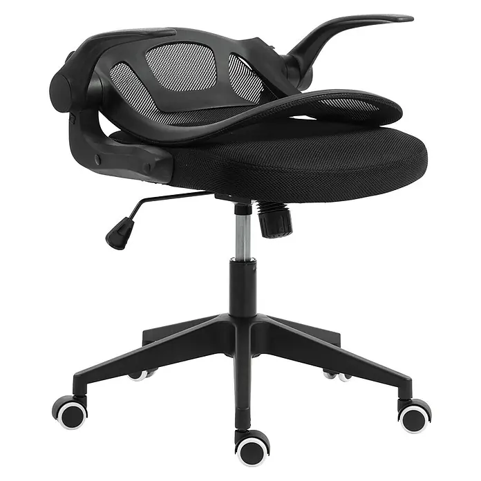 Silla de oficina Vega - Negro, Reposabrazos - Silla de oficina ergonómica negra con respaldo de malla, asiento de tela, altura ajustable y ruedas.