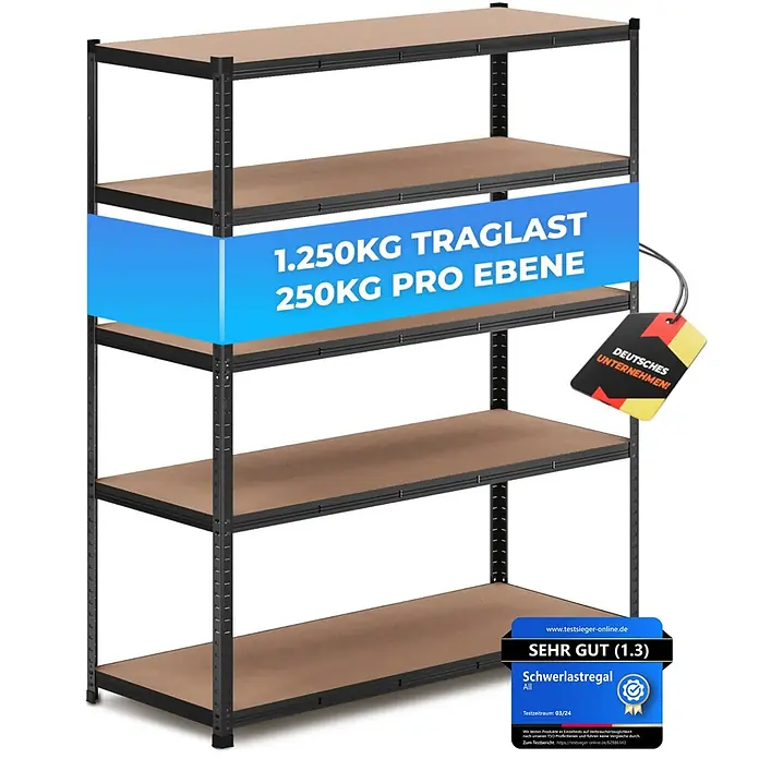 Allshelf Schwerlastregal - H x B x T: 180 x 150 x 60 cm, Traglast pro Boden: 250 kg, Anzahl Böden: 5 Stk., Stecken, Schwarz - Schwarz lackiertes Schwerlastregal mit fünf braunen Regalböden.