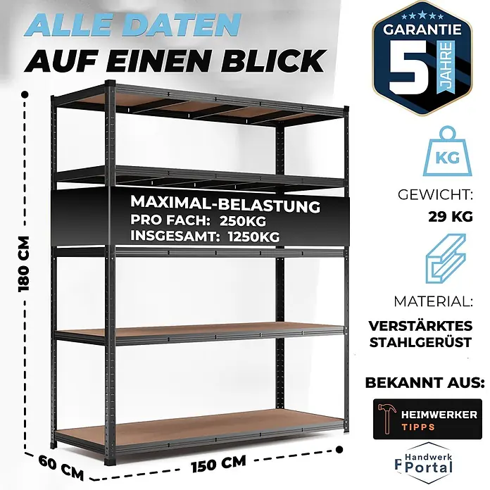 Allshelf Schwerlastregal - H x B x T: 180 x 150 x 60 cm, Traglast pro Boden: 250 kg, Anzahl Böden: 5 Stk., Stecken, Schwarz - Schwarzes Schwerlastregal aus verstärktem Stahl mit 5 Böden, 180x150x60cm, 250kg pro Boden, gesamt 1250kg Traglast.