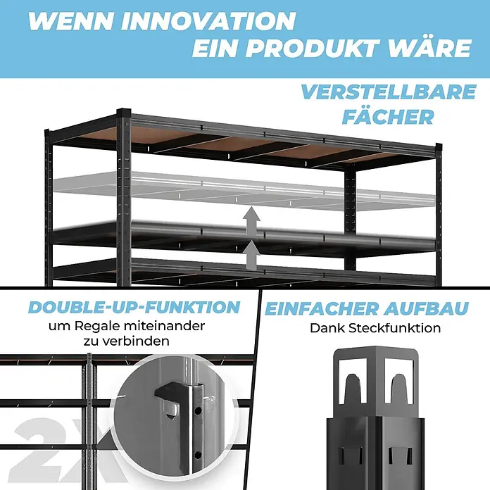 Allshelf Schwerlastregal - H x B x T: 180 x 150 x 60 cm, Traglast pro Boden: 250 kg, Anzahl Böden: 5 Stk., Stecken, Schwarz - Schwarzes Metallregal mit verstellbaren Böden, modularer Verbindungsfunktion und einfacher Steckmontage.