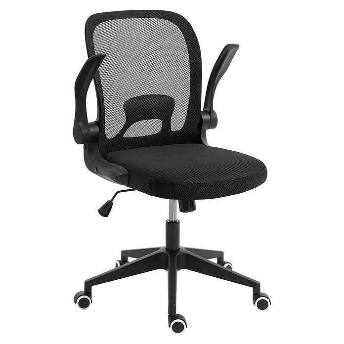 Silla de oficina Vega - Negro, Reposabrazos - Silla de oficina ergonómica negra con respaldo de malla, asiento de tela, altura ajustable y ruedas.