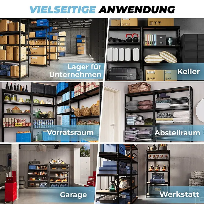 Allshelf Schwerlastregal - H x B x T: 200 x 100 x 50 cm, Traglast pro Boden: 250 kg, Anzahl Böden: 5 Stk., Stecken, Schwarz - Schwarzes Metallregal, vielseitig einsetzbar für Lager, Keller, Vorratsraum, Garage und Werkstatt.