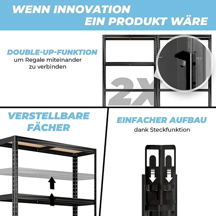 Allshelf Schwerlastregal - H x B x T: 200 x 100 x 50 cm, Traglast pro Boden: 250 kg, Anzahl Böden: 5 Stk., Stecken, Schwarz - Schwarzes Metallregal mit verstellbaren Fächern, verbindbarem Design und einfacher Steckmontage.