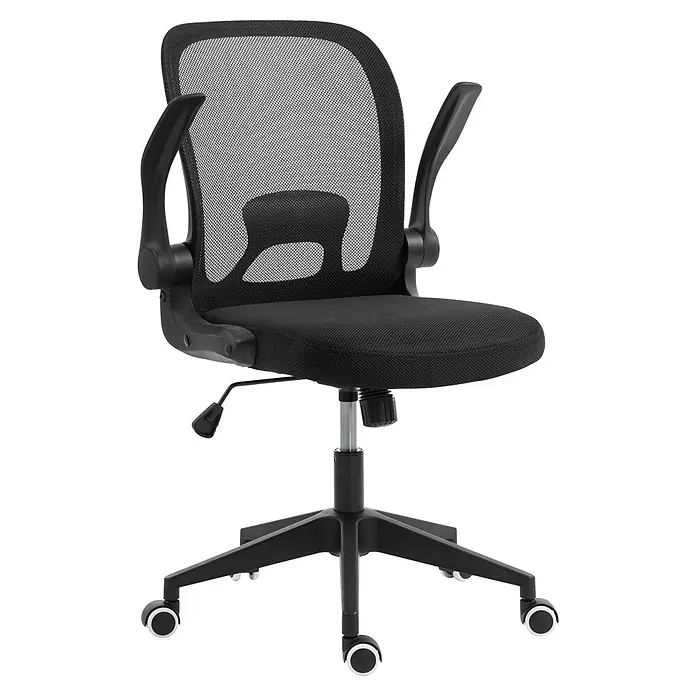 Silla de oficina Vega - Negro, Reposabrazos - Silla de oficina giratoria ergonómica negra con respaldo de malla transpirable, asiento de tela, reposabrazos y base de 5 ruedas.