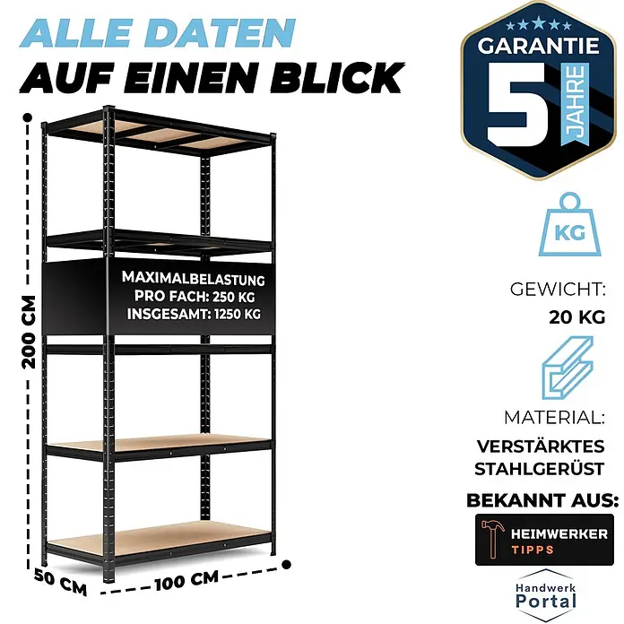 Allshelf Schwerlastregal - H x B x T: 200 x 100 x 50 cm, Traglast pro Boden: 250 kg, Anzahl Böden: 5 Stk., Stecken, Schwarz - Schwarzes Schwerlast-Stahlregal mit Holzablagen, 200x100x50 cm, für Lagerung.
