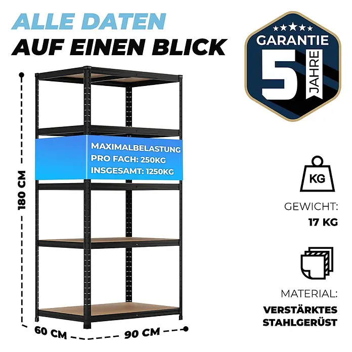Allshelf Schwerlastregal - H x B x T: 180 x 90 x 60 cm, Traglast pro Boden: 250 kg, Anzahl Böden: 5 Stk., Stecken, Schwarz - Schwarzes Metallregal mit fünf Holzregalböden, 180x90x60 cm. Verfügt über einen verstärkten Stahlrahmen und 250kg Tragkraft pro Boden.