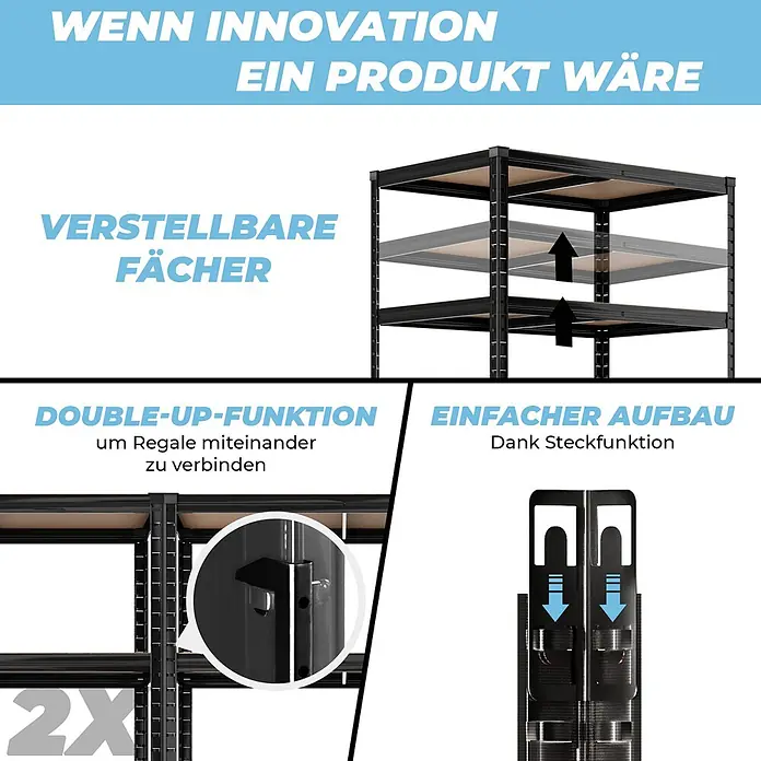 Allshelf Schwerlastregal - H x B x T: 180 x 90 x 60 cm, Traglast pro Boden: 250 kg, Anzahl Böden: 5 Stk., Stecken, Schwarz - Schwarzes Metallregal mit verstellbaren Fächern, modularer „Double-Up“-Funktion zum Verbinden und einfacher Steckmontage.