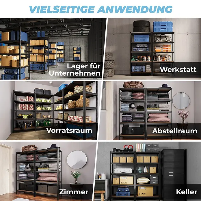 Allshelf Schwerlastregal - H x B x T: 180 x 90 x 40 cm, Traglast pro Boden: 250 kg, Anzahl Böden: 5 Stk., Stecken, Schwarz - Schwarzes Metallregal für vielseitige Anwendung: gezeigt in Lager, Werkstatt, Vorratsraum und anderen Räumen.