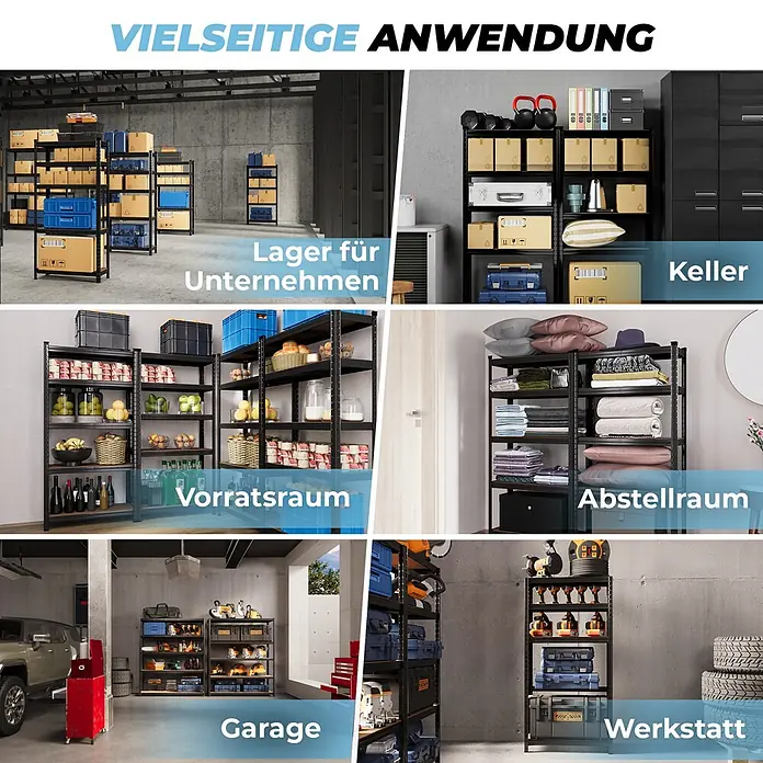 Allshelf Schwerlastregal - H x B x T: 150 x 75 x 30 cm, Traglast pro Boden: 250 kg, Anzahl Böden: 5 Stk., Stecken, Schwarz - Vielseitige schwarze Metallregale für Lager, Keller, Vorratsraum, Garage und Werkstatt, zur Aufbewahrung verschiedenster Gegenstände.