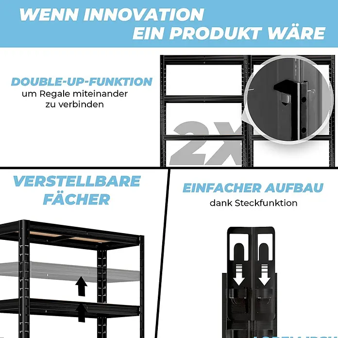 Allshelf Schwerlastregal - H x B x T: 180 x 90 x 40 cm, Traglast pro Boden: 250 kg, Anzahl Böden: 5 Stk., Stecken, Schwarz - Schwarzes Metallregal mit verstellbaren Böden, erweiterbar und einfacher Steckmontage.