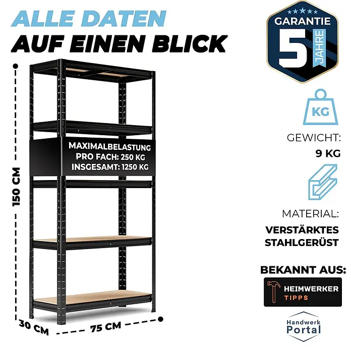 Allshelf Schwerlastregal - H x B x T: 150 x 75 x 30 cm, Traglast pro Boden: 250 kg, Anzahl Böden: 5 Stk., Stecken, Schwarz - Schwarzes Metallregal mit 5 Holzböden und verstärktem Stahlrahmen für schwere Lasten.