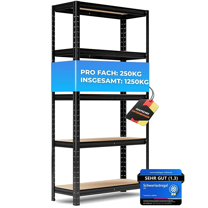 Allshelf Schwerlastregal - H x B x T: 150 x 75 x 30 cm, Traglast pro Boden: 250 kg, Anzahl Böden: 5 Stk., Stecken, Schwarz - Schwarzes Metall Schwerlastregal mit 5 Holzböden, ausgelegt für hohe Belastbarkeit bis 1250kg Gesamtgewicht.