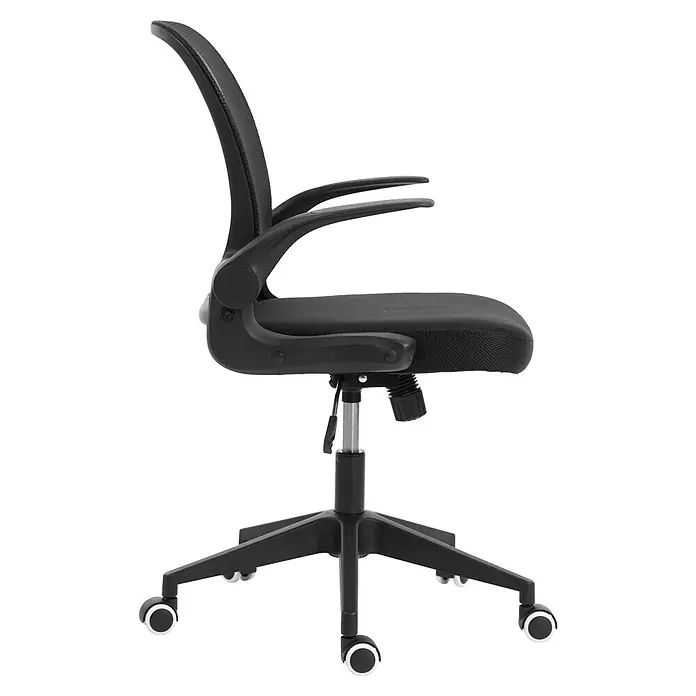 Silla de oficina Vega - Negro, Reposabrazos - Silla de oficina ergonómica negra con respaldo de malla, asiento de tela, altura ajustable y base giratoria con ruedas.