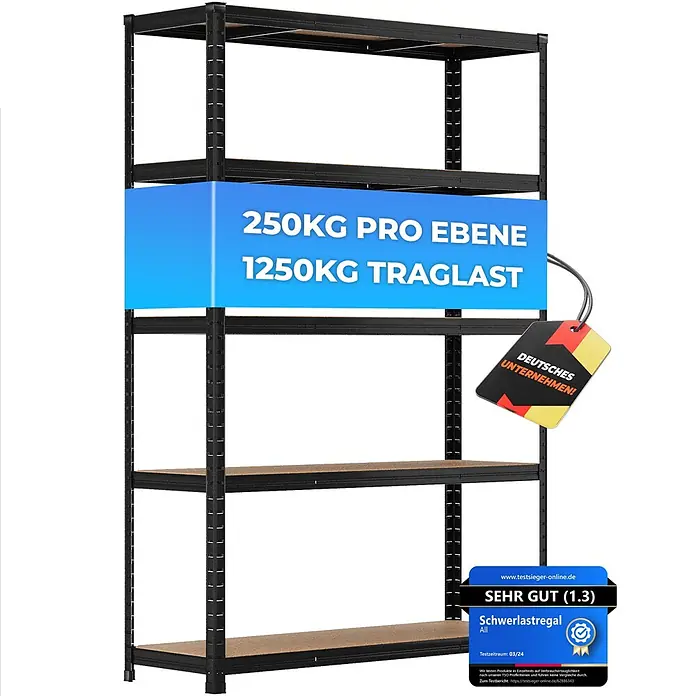 Allshelf Schwerlastregal - H x B x T: 180 x 120 x 40 cm, Traglast pro Boden: 250 kg, Anzahl Böden: 5 Stk., Stecken, Schwarz - Schwarzes Metall-Schwerlastregal mit fünf Holzböden, 250kg pro Ebene, 1250kg Traglast.
