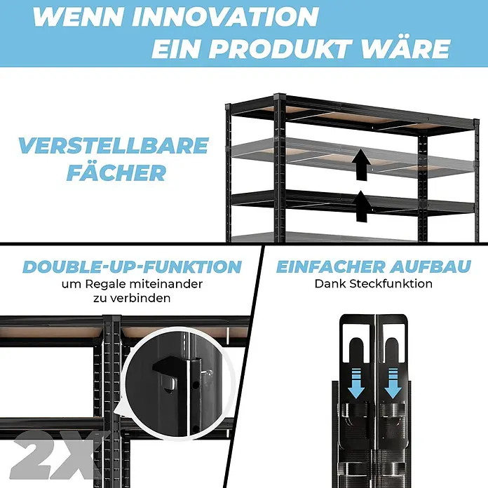 Allshelf Schwerlastregal - H x B x T: 180 x 120 x 40 cm, Traglast pro Boden: 250 kg, Anzahl Böden: 5 Stk., Stecken, Schwarz - Schwarzes Metallregal mit verstellbaren Fachböden, verbindbar und mit einfacher Steckmontage.