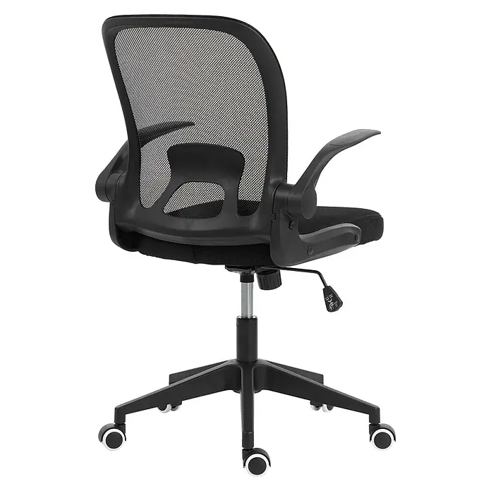 Silla de oficina Vega - Negro, Reposabrazos - Silla de oficina ergonómica negra con respaldo de malla, asiento de tela, palanca de ajuste de altura y base con ruedas.