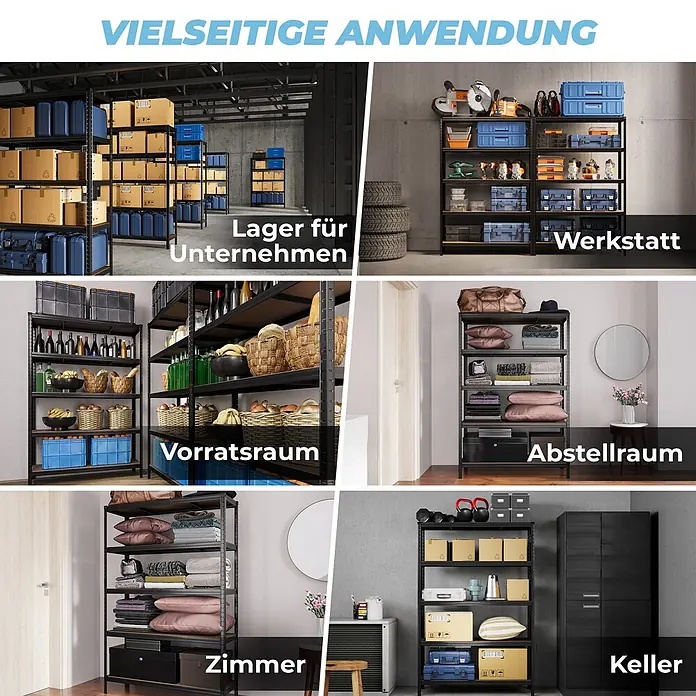Allshelf Schwerlastregal - H x B x T: 180 x 120 x 40 cm, Traglast pro Boden: 250 kg, Anzahl Böden: 5 Stk., Stecken, Schwarz - Vielseitiges schwarzes Metallregal mit dunklen Böden, organisiert mit Kisten, Werkzeugen und Haushaltsgegenständen in verschiedenen Umgebungen.
