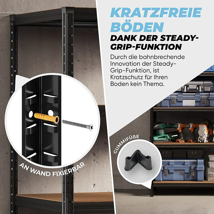 Allshelf Eckregal - H x B x T: 180 x 150 x 60 cm, Traglast pro Boden: 250 kg, Stecken - Schwarzes Metallregal mit Wandbefestigung und Gummifüßen für Kratzschutz.