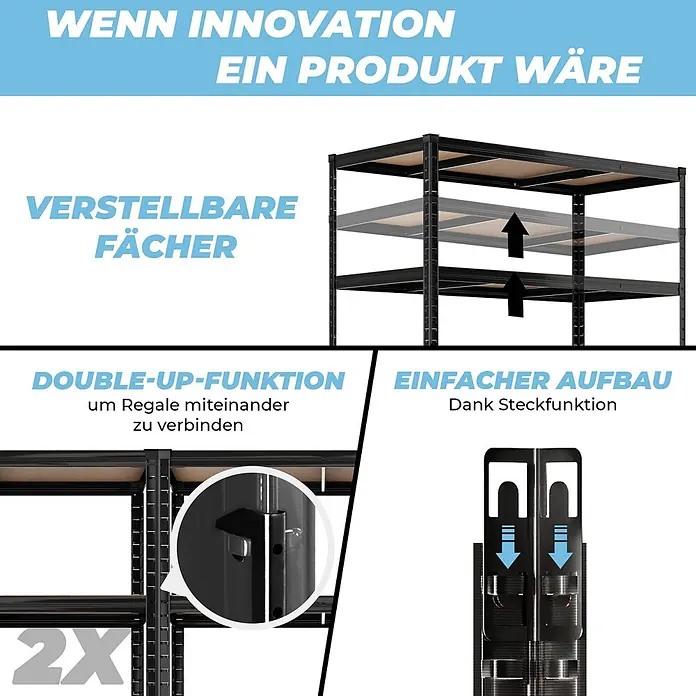 ALLSHELF Premium Schwerlastregal 180x120x60 cm Schwarz 1250kg Traglast, schwerlastregal 60 cm tief geeigent Vorratsregal Speisekammer, Regal 120 cm breit, lagerregal Metall -  - Schwarzes Metallregal mit verstellbaren Böden, Erweiterungsfunktion und einfacher Steckmontage.
