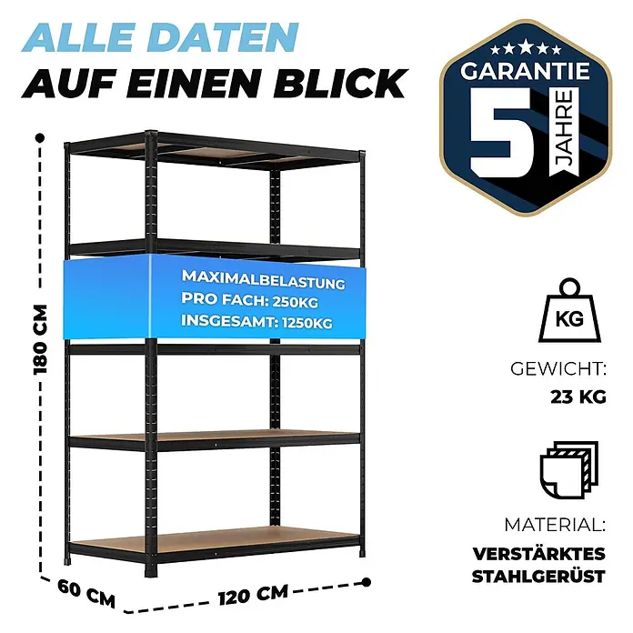 ALLSHELF Premium Schwerlastregal 180x120x60 cm Schwarz 1250kg Traglast, schwerlastregal 60 cm tief geeigent Vorratsregal Speisekammer, Regal 120 cm breit, lagerregal Metall -  - Schwarzes Metallregal mit fünf Böden, Maße 180x120x60 cm. 250kg pro Boden, 1250kg gesamt. Verstärktes Stahlgerüst, 23kg Gewicht, 5 Jahre Garantie.