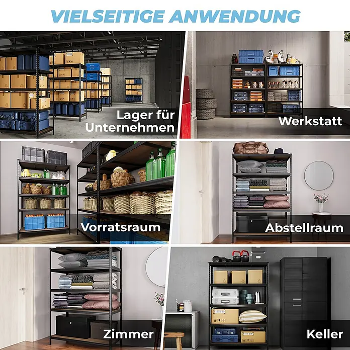 ALLSHELF Premium Schwerlastregal 180x120x60 cm Schwarz 1250kg Traglast, schwerlastregal 60 cm tief geeigent Vorratsregal Speisekammer, Regal 120 cm breit, lagerregal Metall -  - Schwarzes und braunes Metallregal, präsentiert in sechs vielseitigen Lagerumgebungen: Lager, Werkstatt, Vorrats- und Abstellraum, Zimmer, Keller.