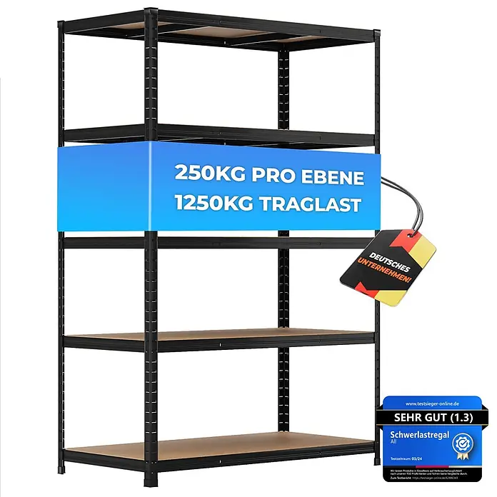 ALLSHELF Premium Schwerlastregal 180x120x60 cm Schwarz 1250kg Traglast, schwerlastregal 60 cm tief geeigent Vorratsregal Speisekammer, Regal 120 cm breit, lagerregal Metall -  - Schwarzes Schwerlastregal aus Metall mit fünf Holzregalböden, belastbar mit 250kg pro Boden und 1250kg Gesamtlast.