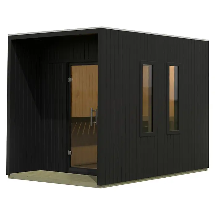 Karibu Saunahaus Laguna - L x B x H: 287,5 x 219,5 x 244 cm, Schwarz, Ohne Ofen - Modernes, dunkelgraues Gartenhaus aus Holz mit Glastür, zwei schmalen Fenstern und heller Holzterrasse.