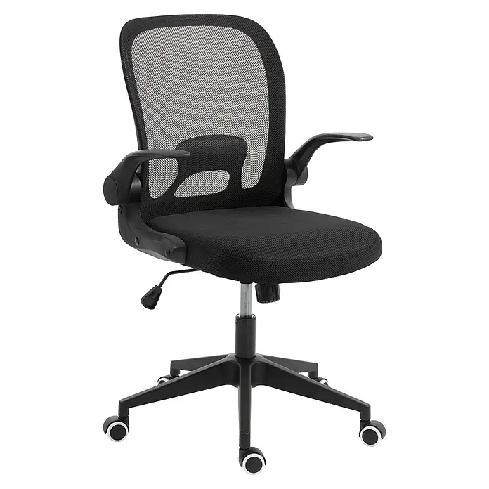 Silla de oficina Vega - Negro, Reposabrazos - Silla de oficina negra con respaldo de malla, asiento de tela, altura ajustable y ruedas.