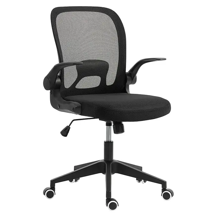 Silla de oficina Vega - Negro, Reposabrazos - Silla de oficina negra de malla ajustable con asiento de tela y base con ruedas.