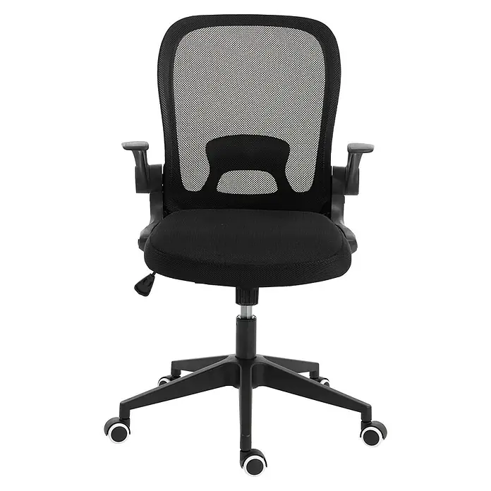Silla de oficina Vega - Negro, Reposabrazos - Silla de oficina ergonómica negra con respaldo de malla, asiento de tela, reposabrazos ajustables y base de cinco ruedas.