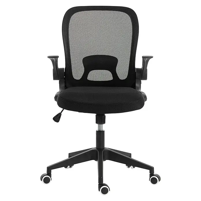 Silla de oficina Vega - Negro, Reposabrazos - Silla de oficina negra con respaldo de malla, asiento acolchado, reposabrazos ajustables y base de cinco radios con ruedas.