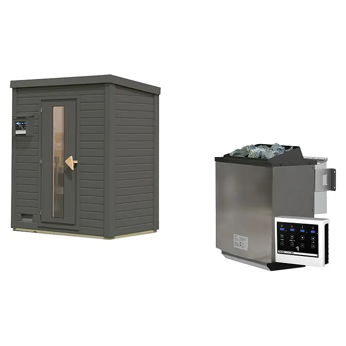 Karibu Saunahaus Hytti - 9 KW Bio-Ofen mit externer Steuerung, Terragrau, L x B x H: 113 x 196 x 228 cm - Dunkelgraue Holzsaunakabine mit Glastür, daneben ein Edelstahl-Saunaofen mit Bedienfeld und Saunasteinen.