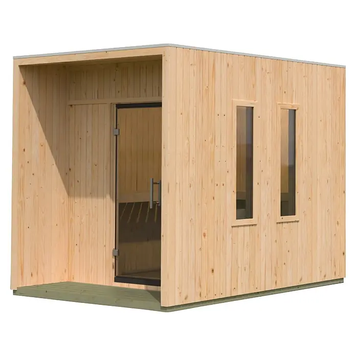 Karibu Saunahaus Laguna - L x B x H: 287,5 x 219,5 x 244 cm, Natur, Ohne Ofen - Moderne helle Holz-Außensauna mit Glastür, Metallgriff, zwei schmalen Fenstern und kleiner überdachter Veranda.