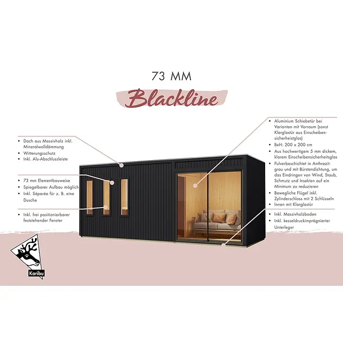 Karibu Saunahaus Monterey - L x B x H: 216,3 x 573,5 x 244,1 cm, Schwarz - Schwarzes Gartenhaus 'Karibu 73 MM Blackline' mit großer Glas-Schiebetür und Holzverkleidung.