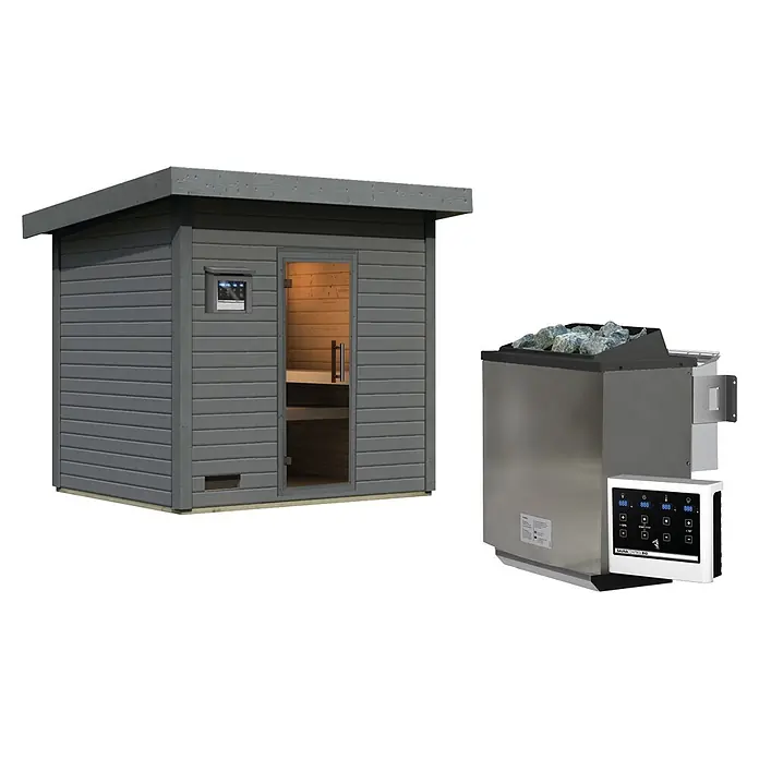 Karibu Saunahaus Kaapi 4 - 9 KW Bio-Ofen mit externer Steuerung, Anthrazit, L x B x H: 196 x 231 x 238 cm - Graue Außensaunakabine mit Glastür, begleitet von einem Edelstahl-Saunaofen und einem digitalen Bedienfeld.