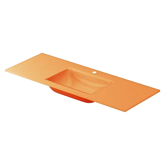 Lavabo Cristal - 121 x 46 cm, Orificios para grifo: Medio, Sin desbordamiento, Naranja - Primer plano de una encimera de tocador naranja con lavabo integrado, perfecto para diseños de baño modernos.