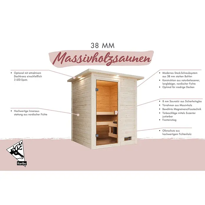 Karibu Elementsauna Njord - Ohne Ofen, Natur, L x B x H: 145 x 145 x 187 cm - Massivholzsauna aus naturbelassener nordischer Fichte mit Glastür und 38 mm starken Wänden.
