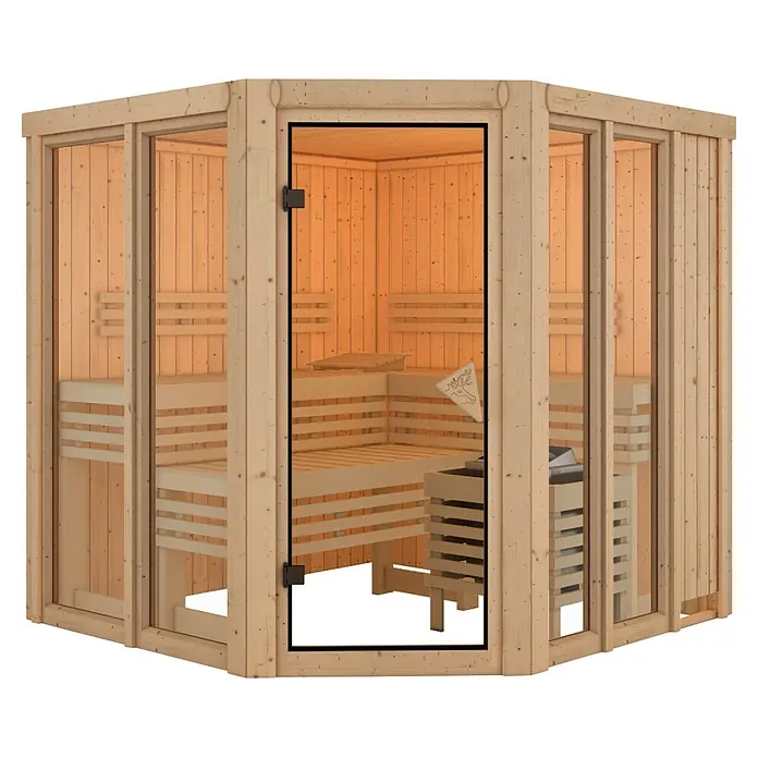 Karibu Elementsauna Bragi - L x B x H: 196 x 196 x 198 cm, Plug & Play 3,6 KW Ofen mit interner Steuerung - Ecksauna aus hellem Holz mit Glaswänden, Glastür, Innenbänken und Saunaofen.